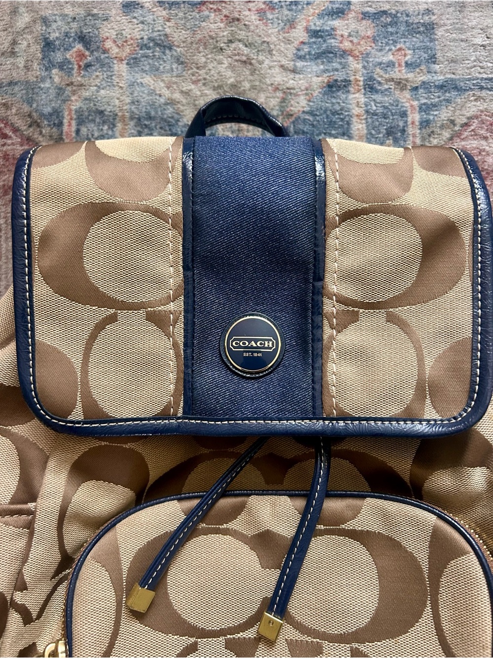 Coach Signature Backpack Gold Hardware Tan w Navy Trim Two Tags Charms Canvas - Picture 2 of 15